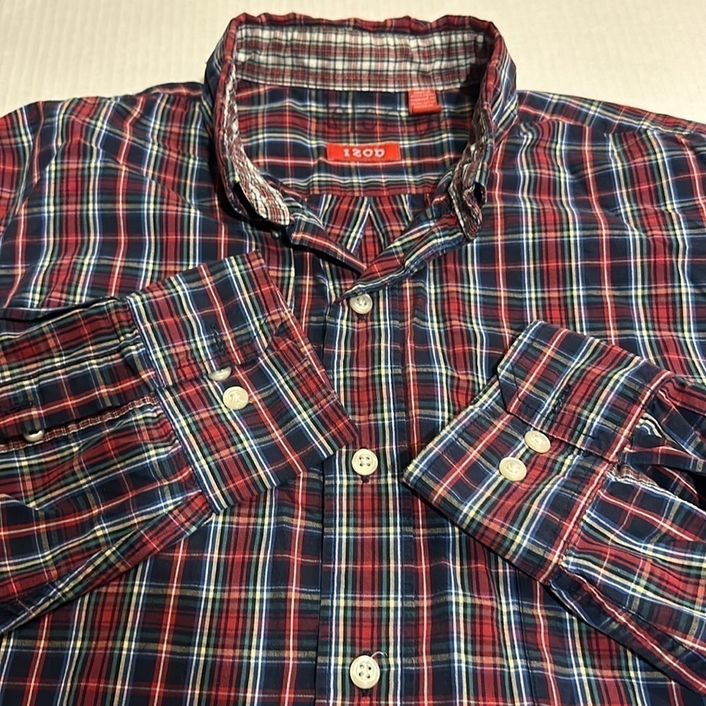 IZOD button up plaid long sleeve lightweight shirt navy red green white yellow - Picture 7 of 8